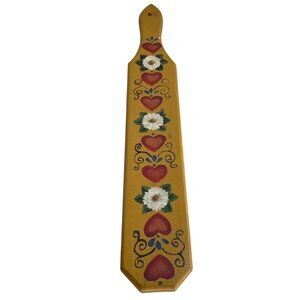 Hand-Painted Wooden Decorative Paddle With Heart & Flower Motif Yellow Backgroun